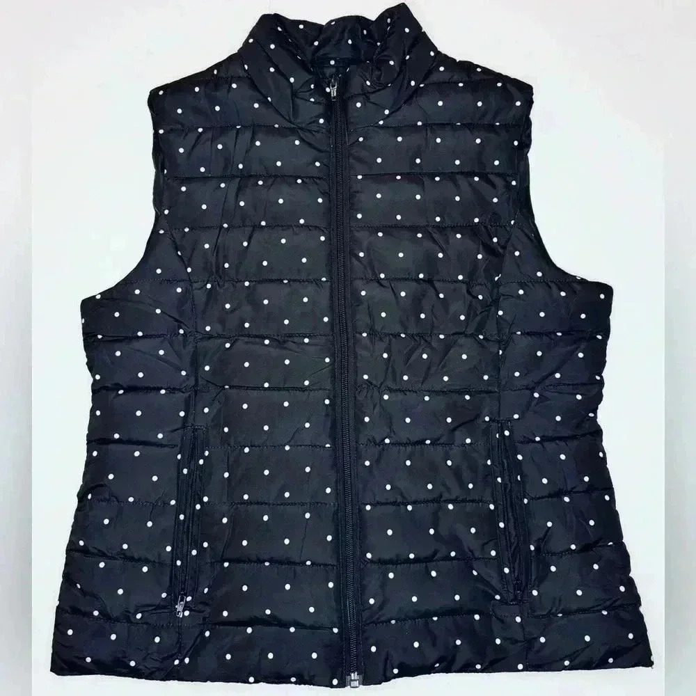 Colebrook Women's Black Polka Dot Full Zipper Vest US Size Medium